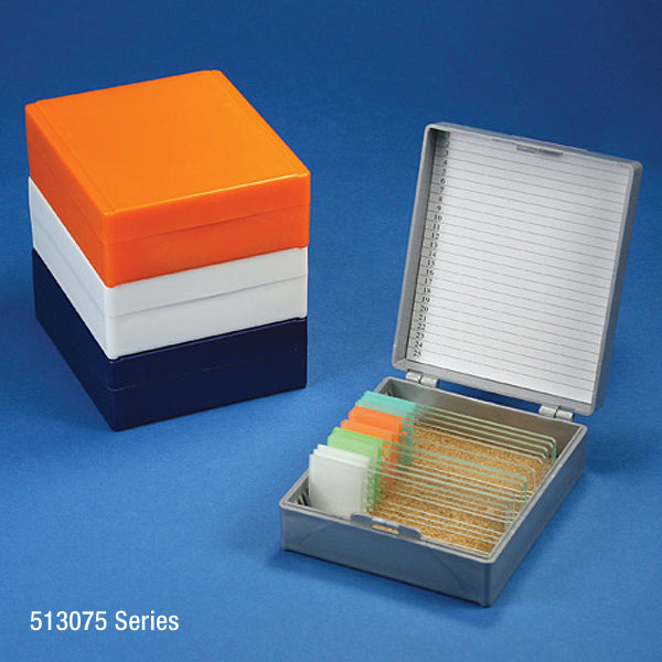 Globe Scientific Slide Box for 25 Slides, Cork Lined, 5 Assorted Colors (Gray, Blue, Dark Gray, Orange and White) Image